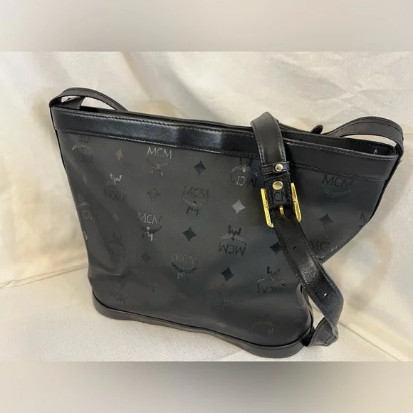 Price Drop! MCM black coated canvas crossbody bag with leather trim